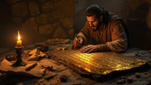 Ultra-photorealistic image of an ancient prophet engraving characters onto golden plates by lamplight inside a stone chamber. Detailed etchings gleam as fragments of parchment and tools lie nearby, with warm lighting illuminating the scribe’s solemn expression.