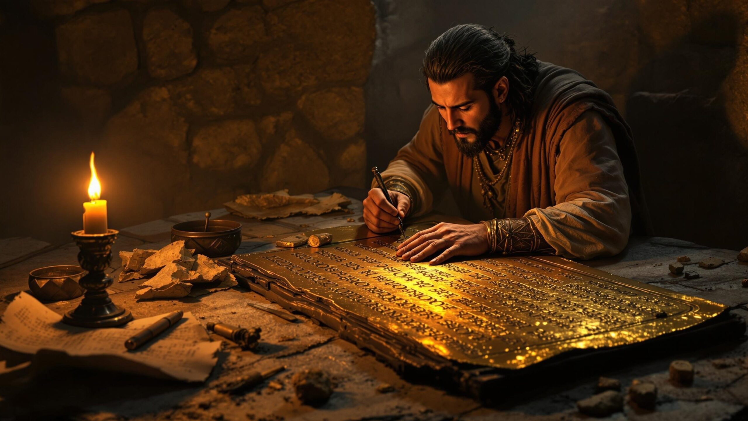 Ultra-photorealistic image of an ancient prophet engraving characters onto golden plates by lamplight inside a stone chamber. Detailed etchings gleam as fragments of parchment and tools lie nearby, with warm lighting illuminating the scribe’s solemn expression.