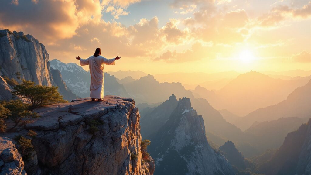 Christ on a mountain at sunrise spreading light across the land