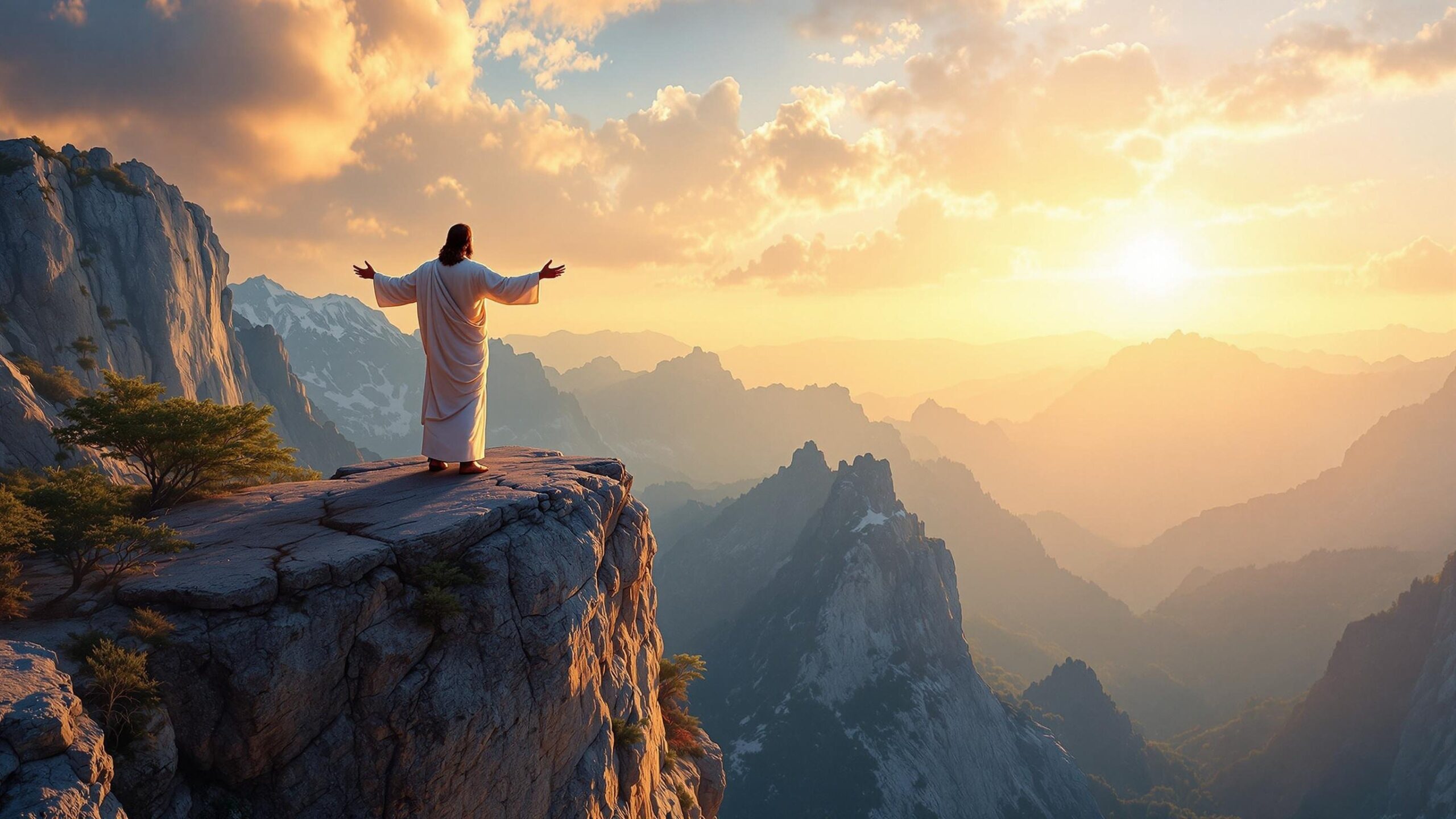 Christ on a mountain at sunrise spreading light across the land
