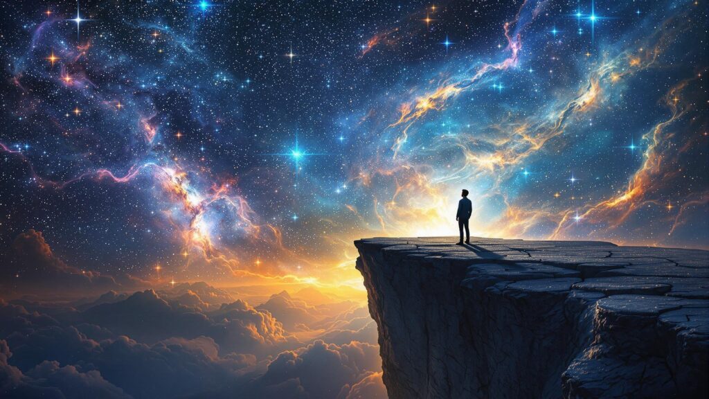 Person standing on a cliff looking into a glowing cosmos