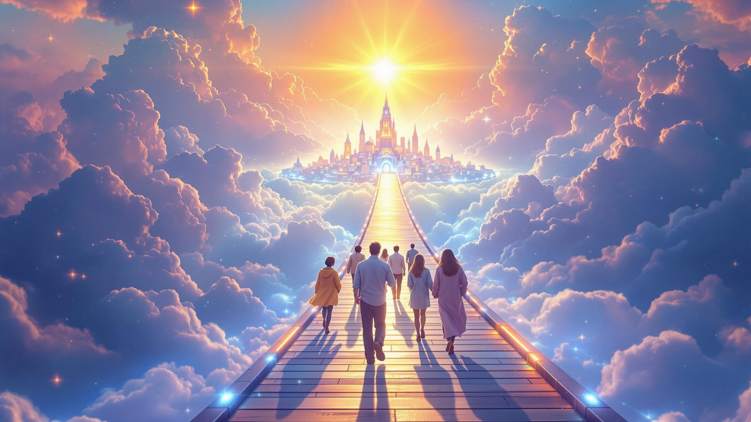 Faithful people walk across a bridge of light toward a radiant celestial city