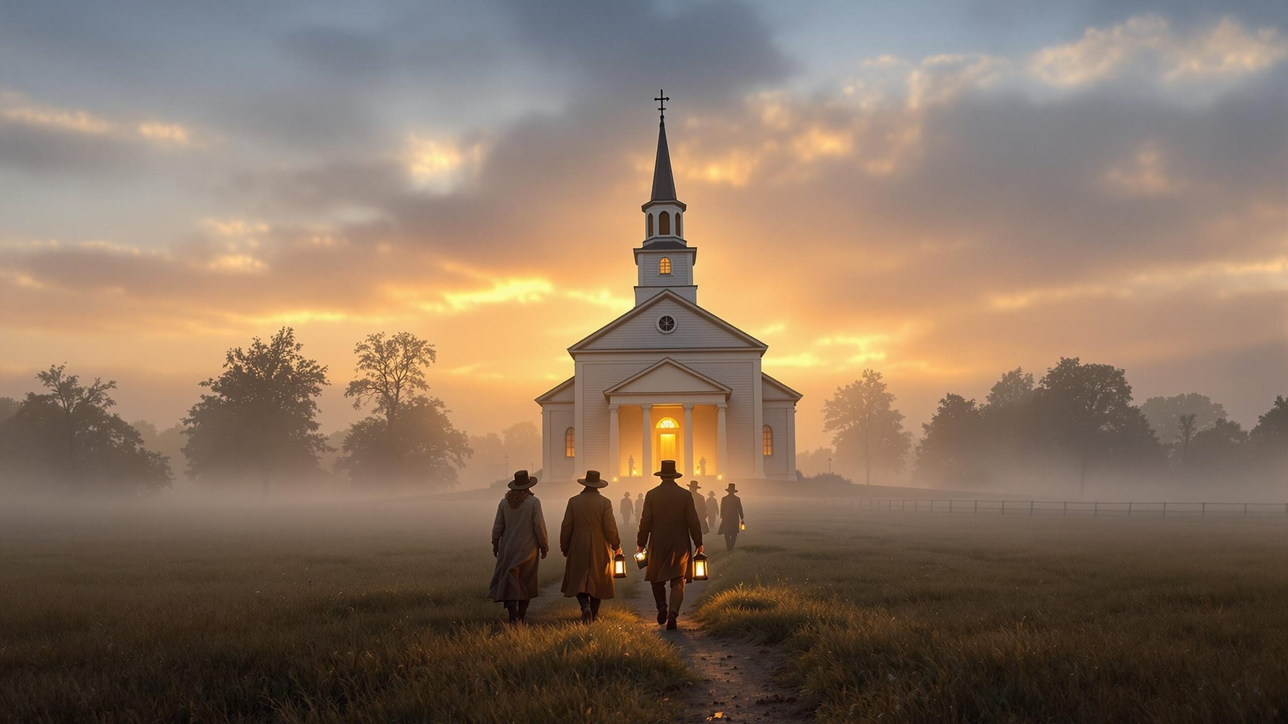 Ultra-photorealistic image of the Kirtland Temple glowing softly at dawn with mist rising from nearby fields. In the foreground, pioneers dressed in 1830s clothing walk toward the temple carrying books and lanterns, symbolizing faith and sacrifice.