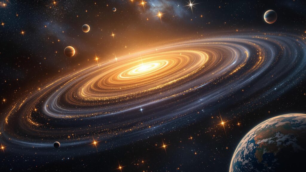 Earth-like planets orbiting stars in a galaxy with celestial glow