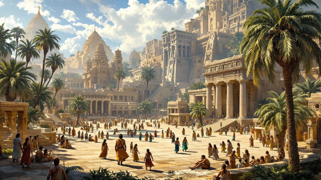 Book of Mormon -Ancient Nephite city with temples, plazas, and people