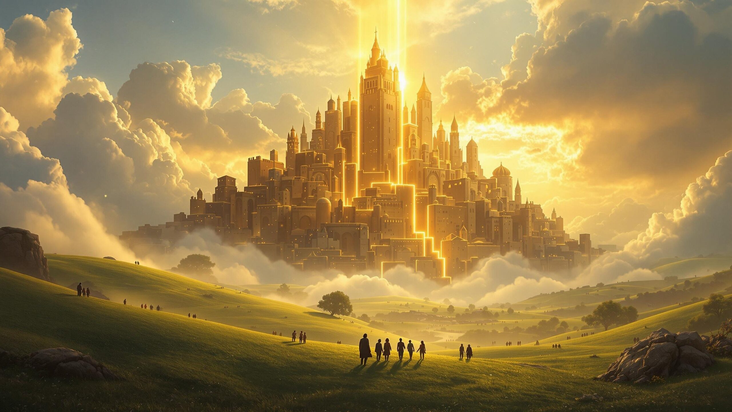 Ultra-photorealistic image of Enoch’s city ascending into the clouds. Ancient buildings glow in golden light as they rise from a green valley. People watch in awe while mist swirls around the city’s foundations and dawn rays pierce the clouds.