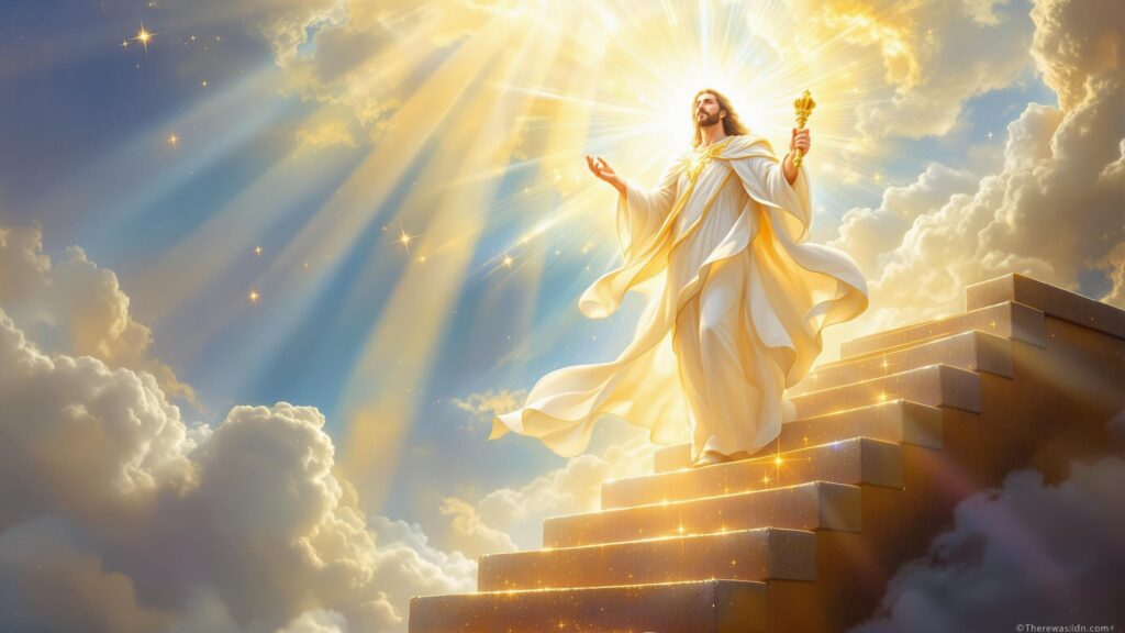Radiant figure holding a scepter in a glowing heavenly realm