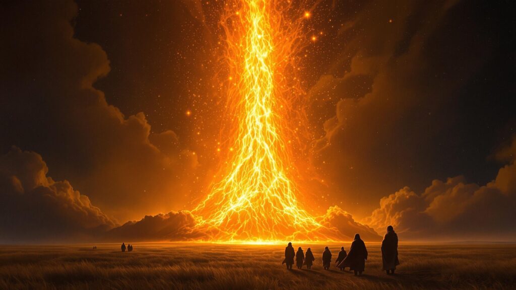Fiery pillar descending onto a plain at night