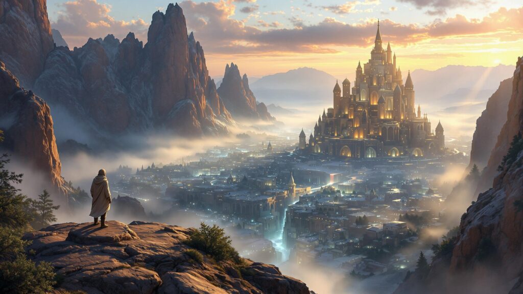 Pilgrim overlooking glowing Zion city from mountaintop