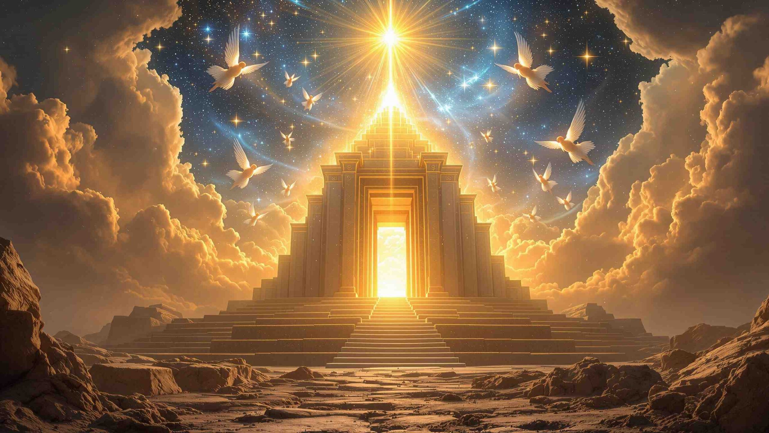Celestial vision above a temple foundation with radiant architecture