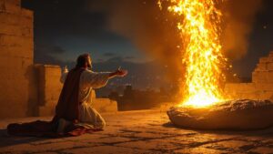 Lehi praying as a pillar of fire descends near Jerusalem
