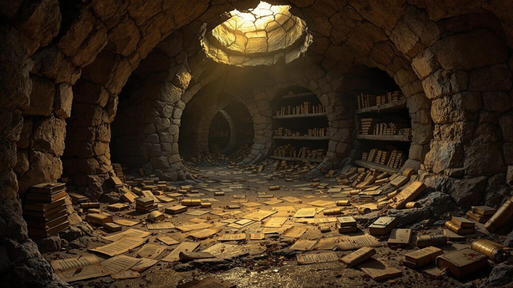 Hidden underground vault with lost sacred scrolls and ancient books