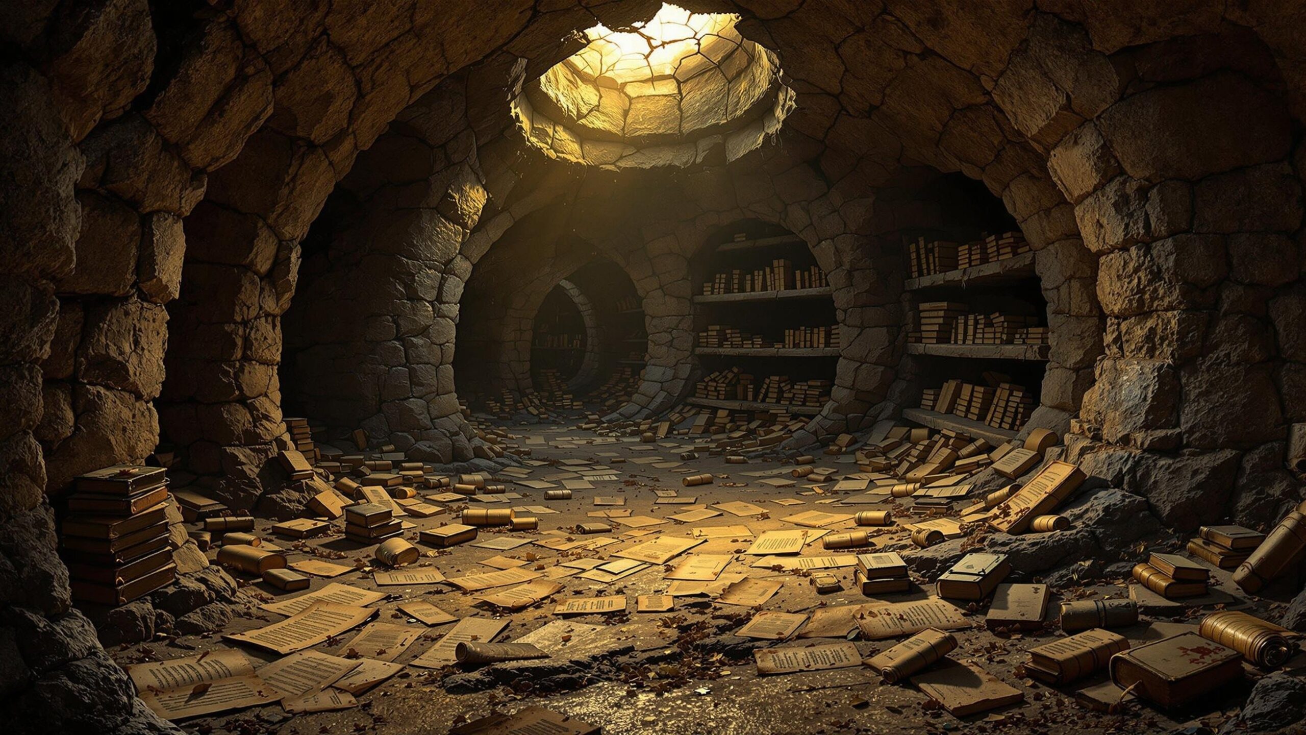 Hidden underground vault with lost sacred scrolls and ancient books