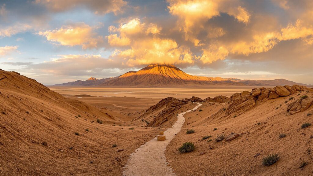 Sunrise over Mount Sinai with a winding desert trail