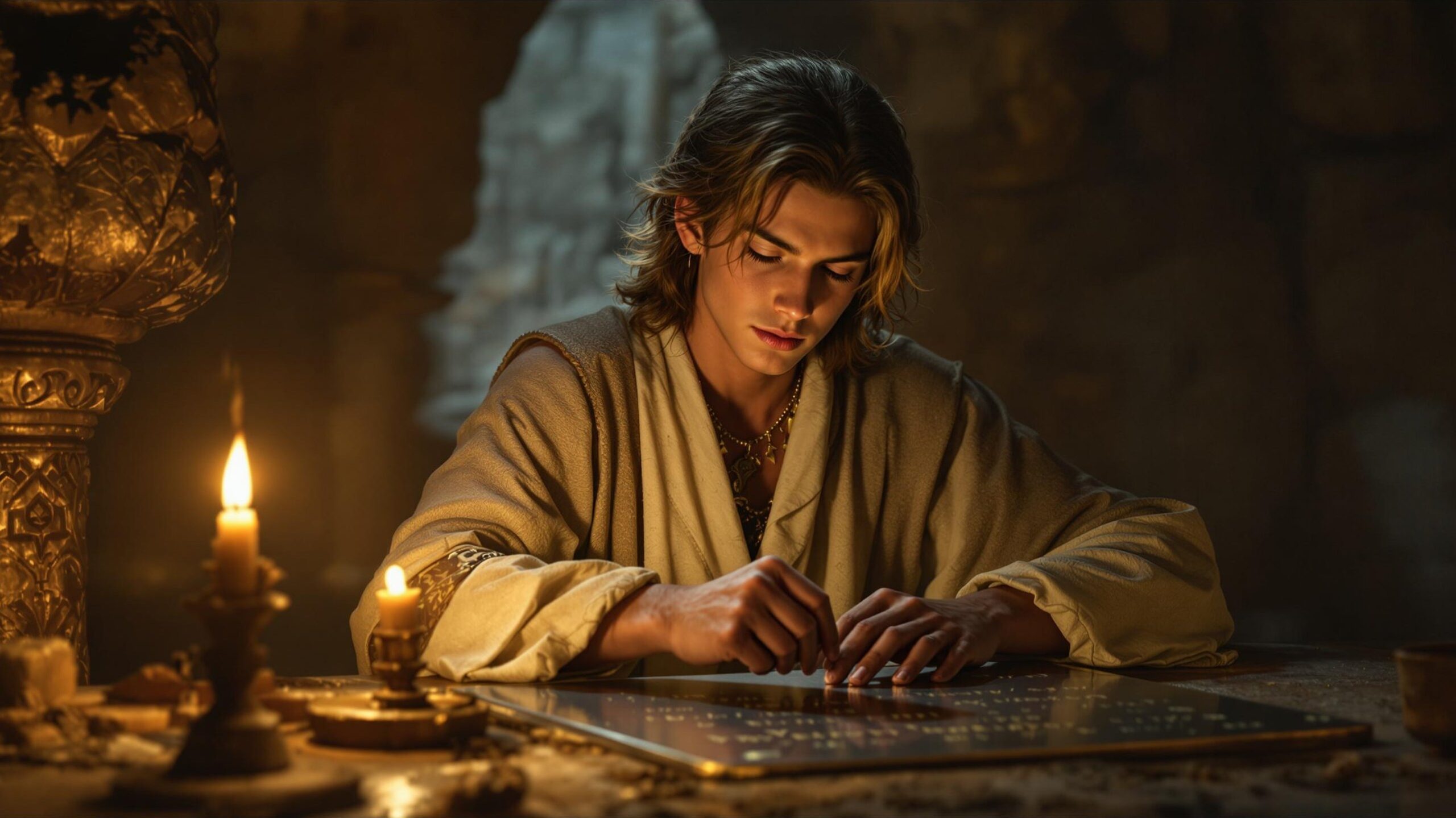 Nephi engraving characters onto a metal plate by lamplight