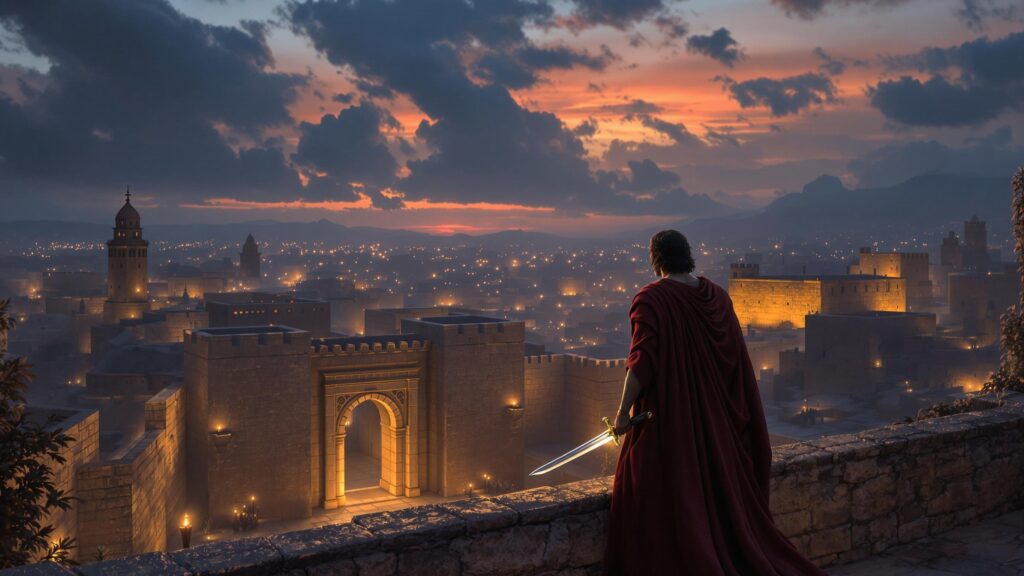 Nephi holding a sword at dusk in ancient Jerusalem near Laban’s fortress