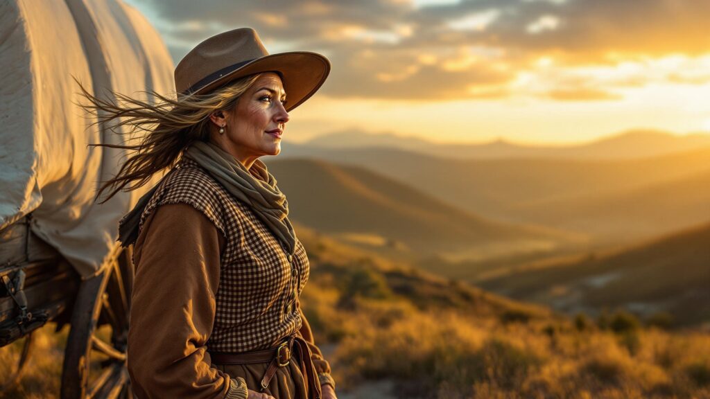 Pioneer woman beside wagon at sunrise on mountain pass