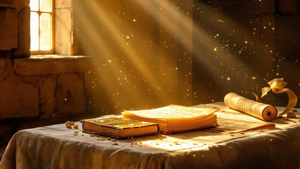 Glowing sacred table with Standard Works under divine light in a stone room