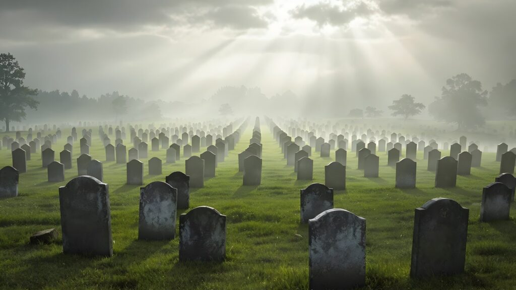 Field of blank gravestones under dramatic sky