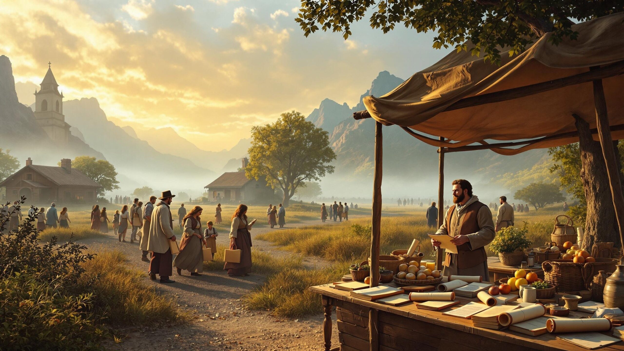 Early Zion settlers at sunrise offering goods to a record keeper in a valley