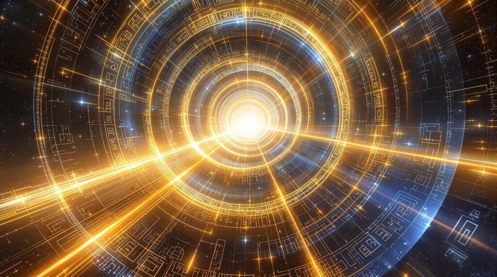 Streams of cosmic light through ringed, glyph-etched tunnels