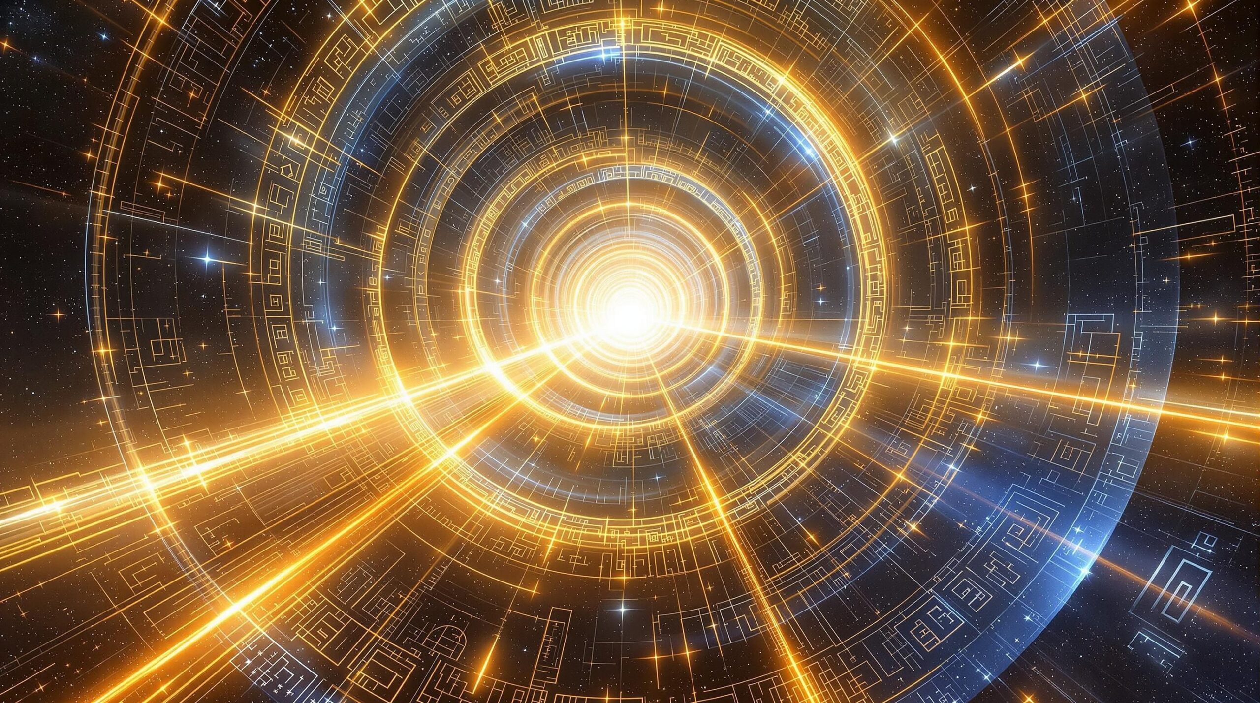 Streams of cosmic light through ringed, glyph-etched tunnels
