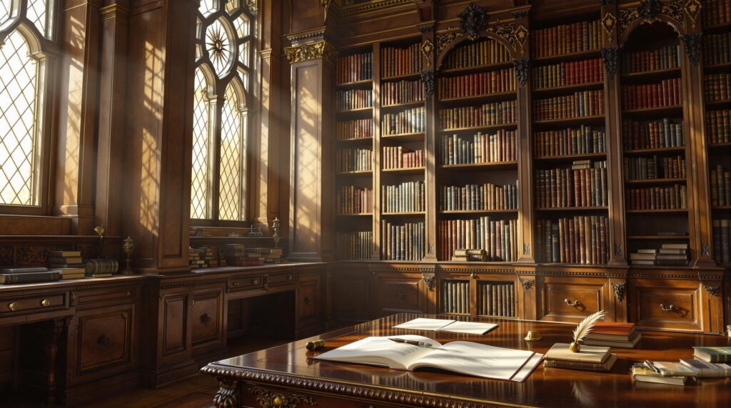 A vintage library interior with tall oak shelves and a reading table