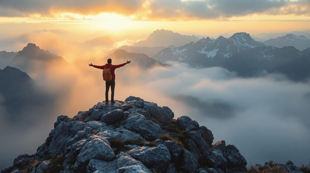 Traveler on misty mountain peak bathed in golden light
