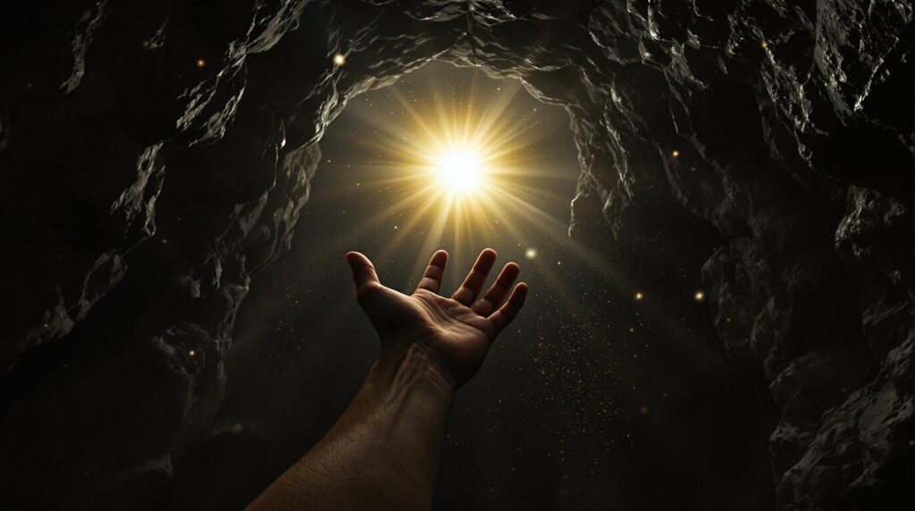 Hand reaching toward glowing orb in dark cavern