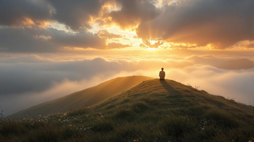 A kneeling figure on a misty hill illuminated by golden dawn light