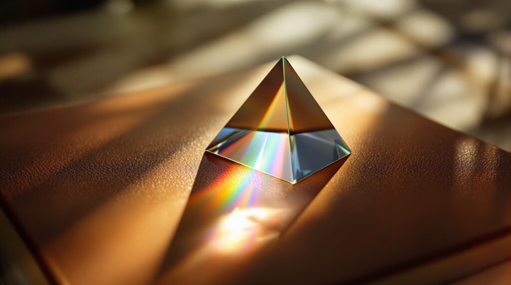 A prism splits light across a plain leather book with no lettering
