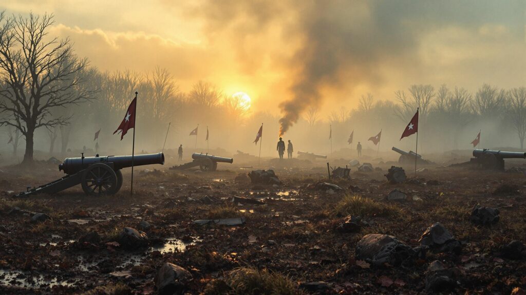 Misty dawn over a Civil War battlefield with debris and cannons