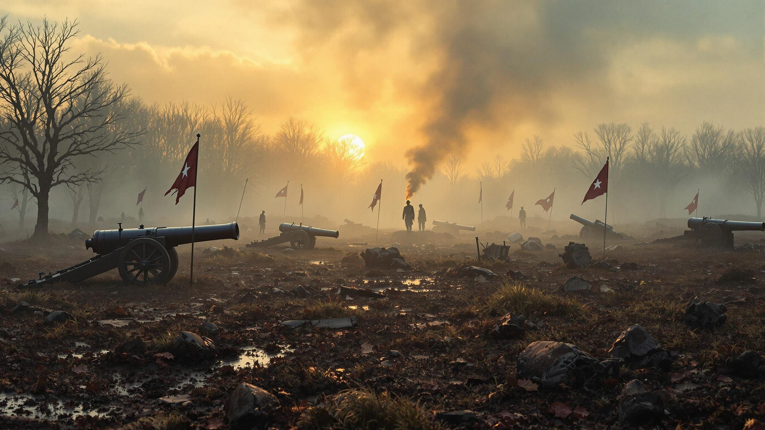 Misty dawn over a Civil War battlefield with debris and cannons