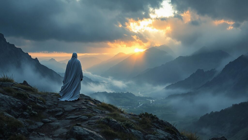 Person on mountaintop with sunlight piercing through storm clouds