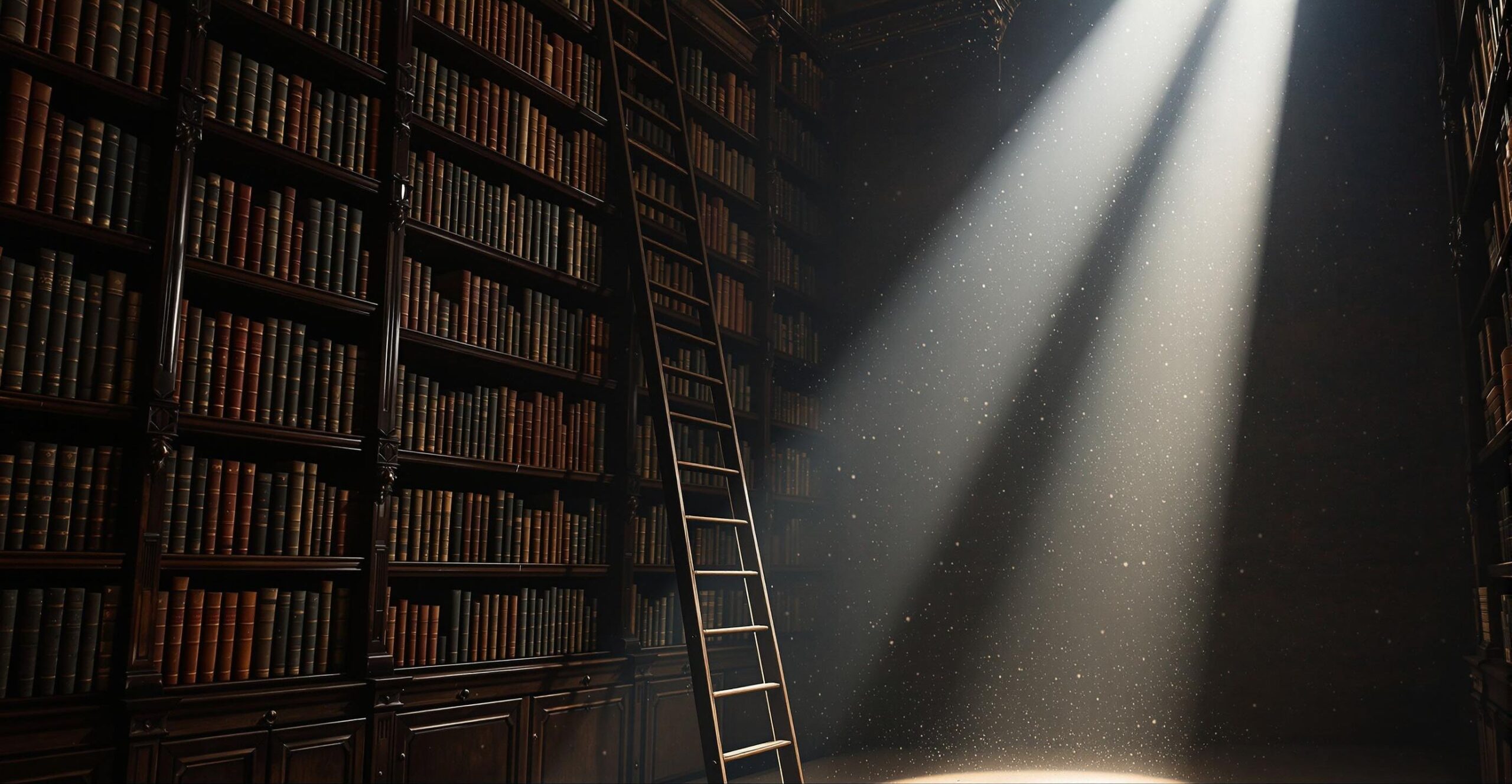 Dramatic light in an antique library corner with leather-bound books and ladder.