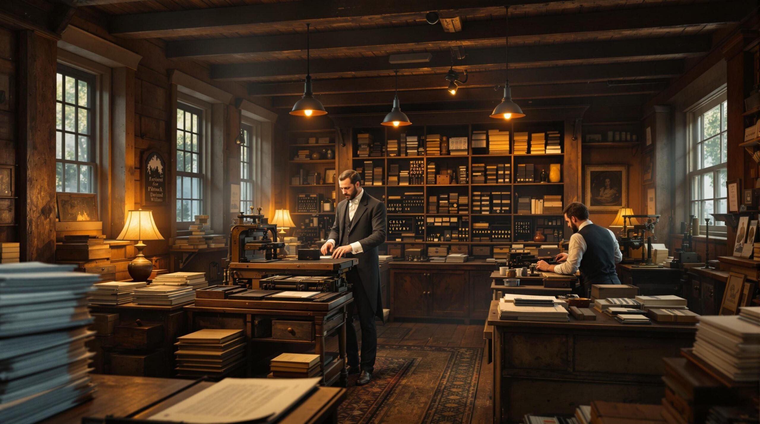 Frederick G. Williams oversees an 1830s printing press in Kirtland with warm lamplight and detailed realism.