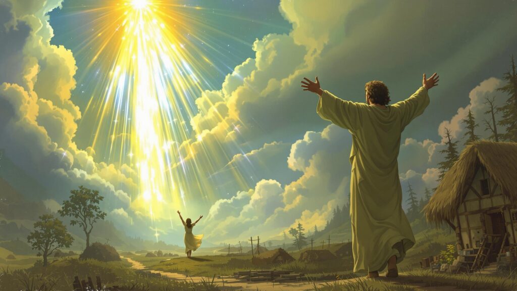 A person receiving light from heaven in a humble setting