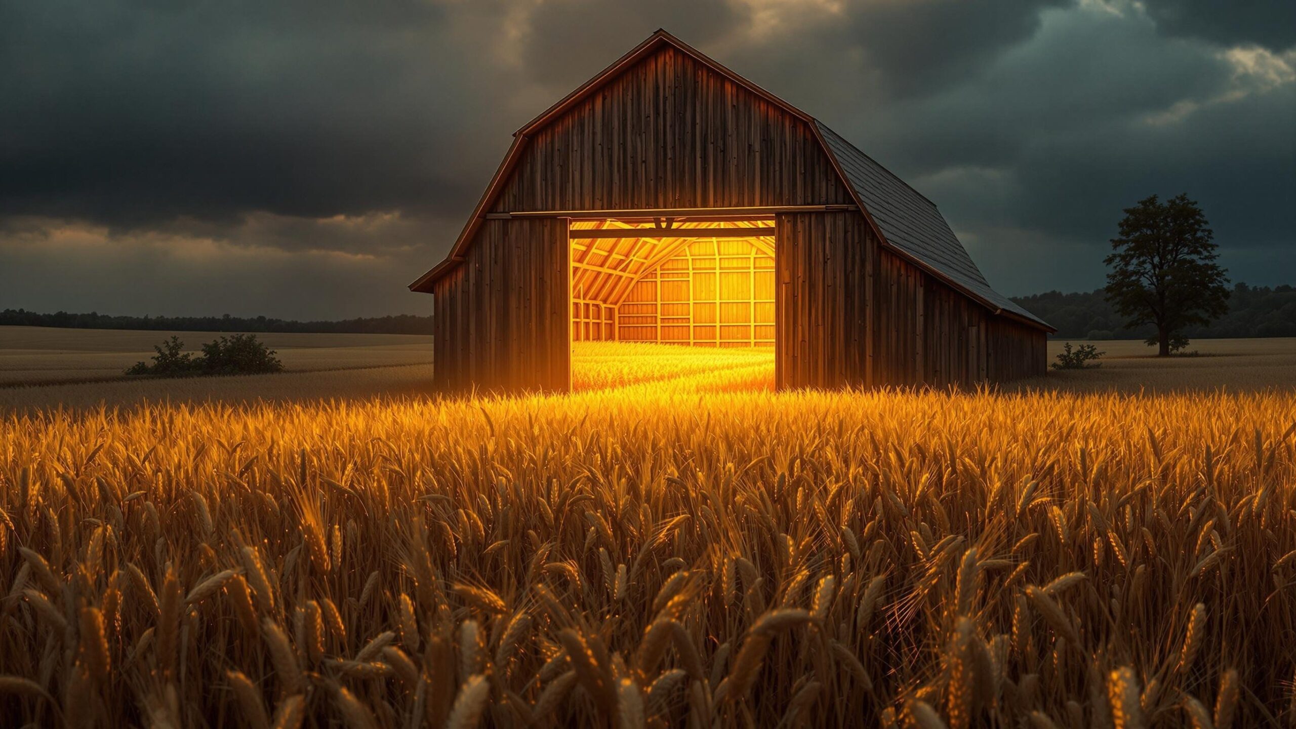 Bright barn filled with wheat while tares remain in the shadowy field