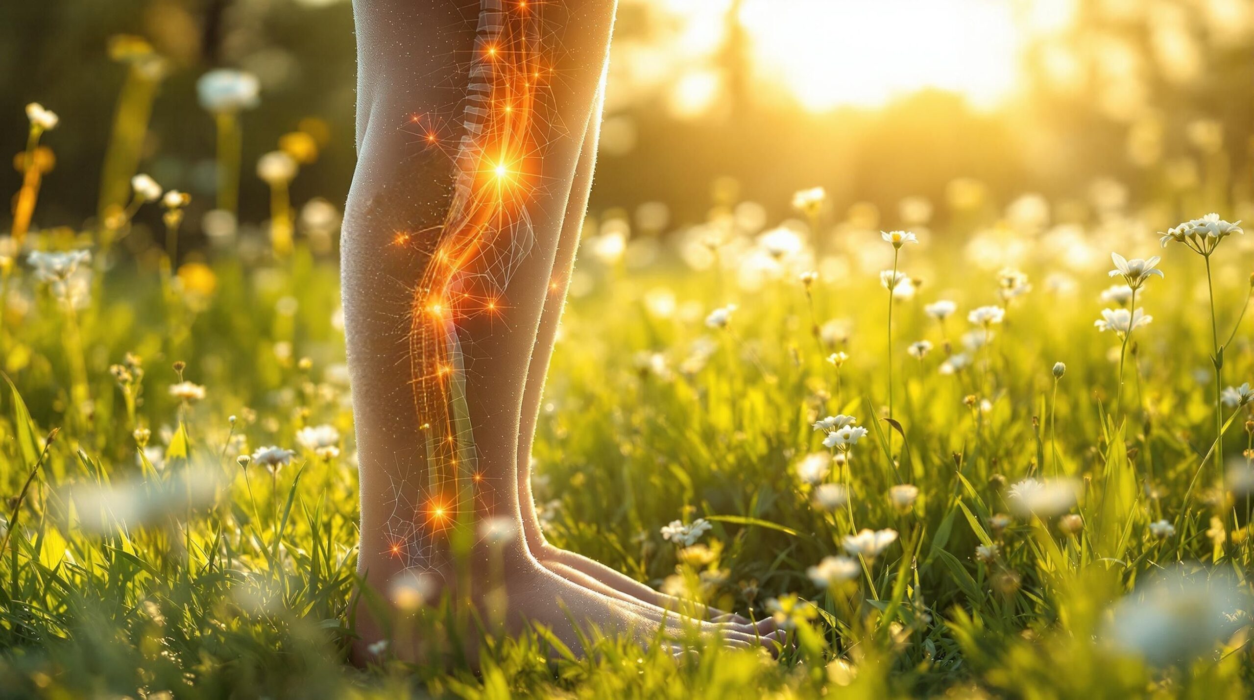 Person standing in morning light with glowing navel and bone marrow visible