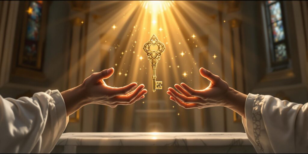 Two hands reaching for floating golden keys under a celestial glow