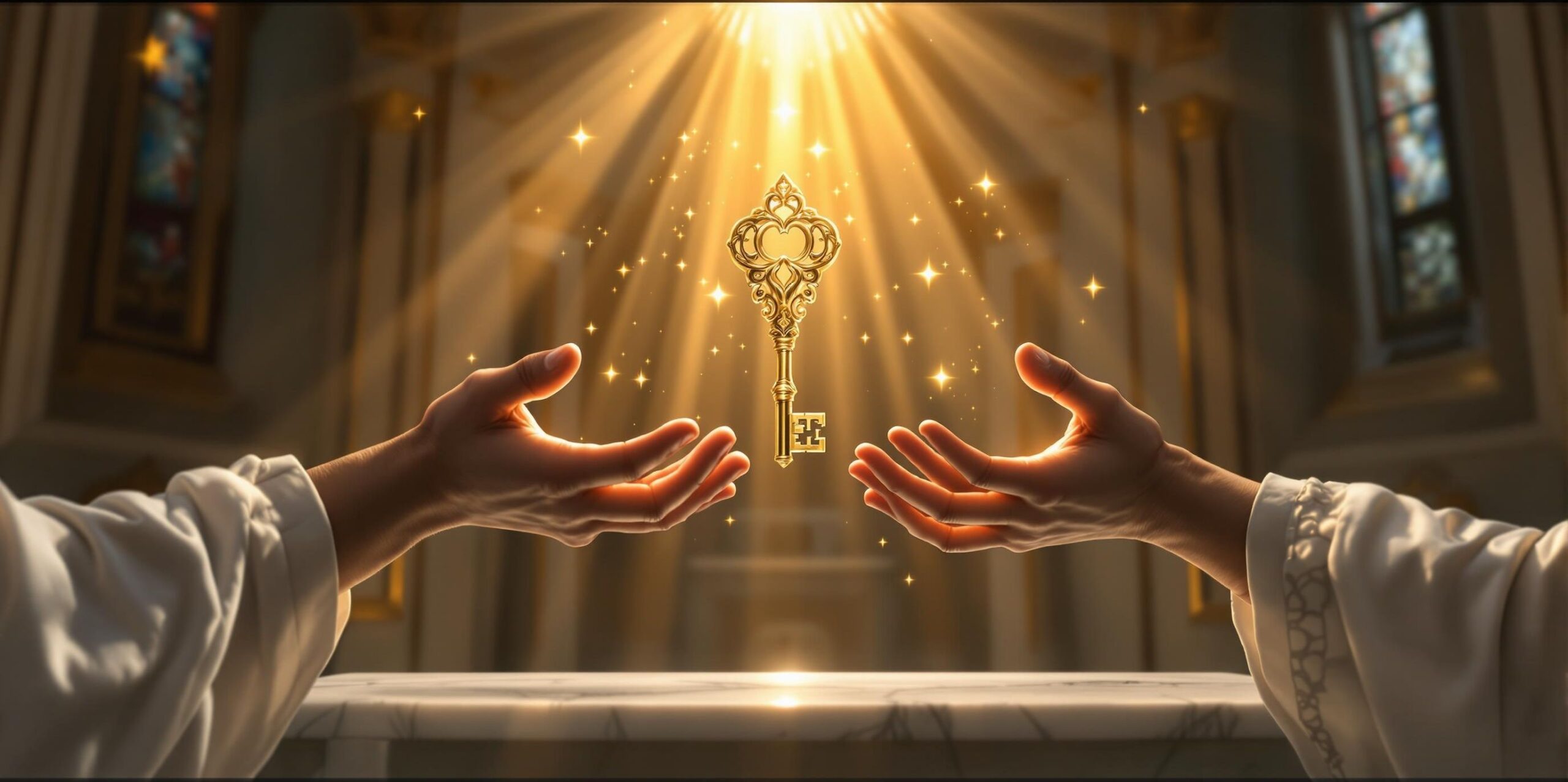 Two hands reaching for floating golden keys under a celestial glow