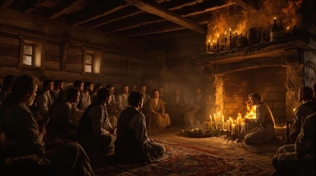 Early Saints in a rustic meetinghouse receiving revelation