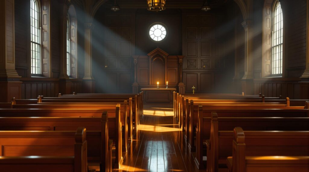 Interior of an early 19th-century Kirtland meetinghouse lit by sunlight