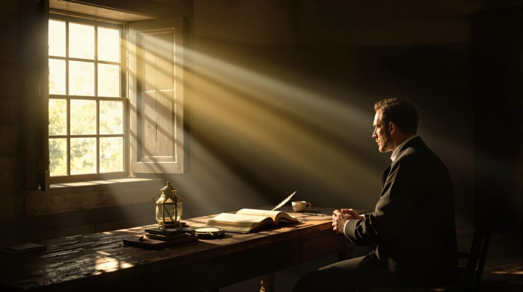 Man kneeling in prayer in a sunlit 19th-century study