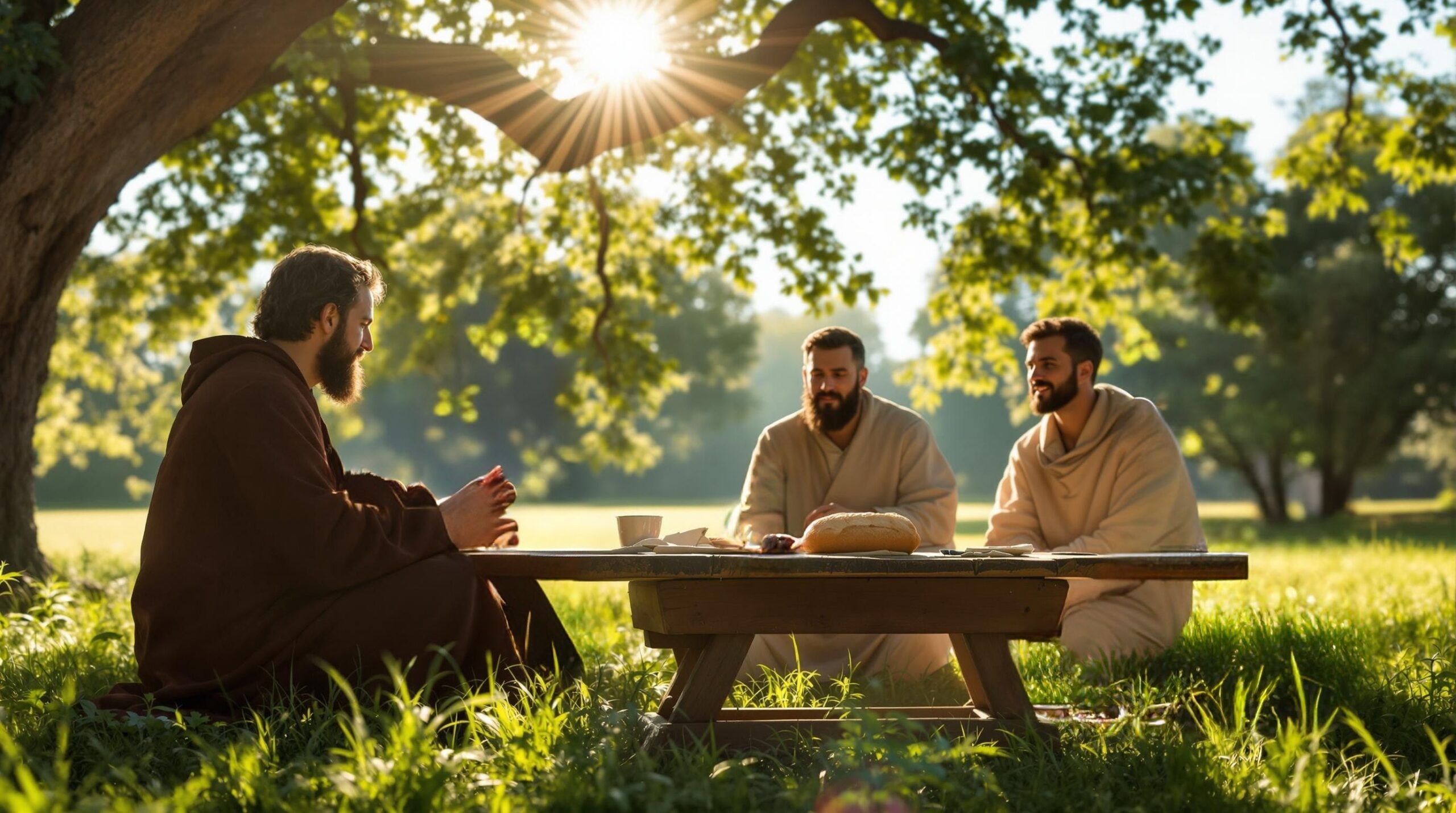 Outdoor sacrament assembly under an oak tree with a chalice of wine and loaf on a wooden table