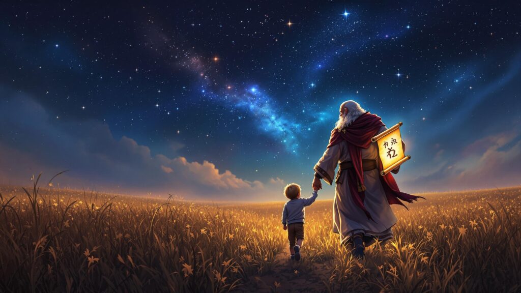 A child guided by a patriarch holding a glowing scroll