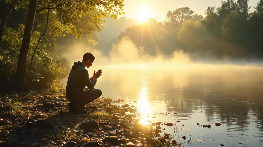 Person kneeling by river praying at sunrise