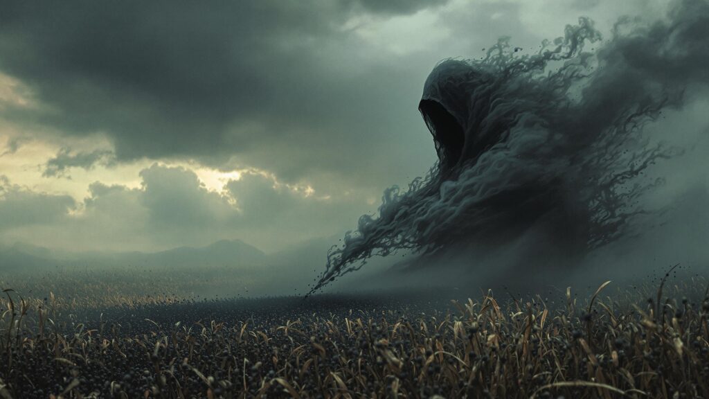 Shadowy figure sowing dark seeds under storm clouds