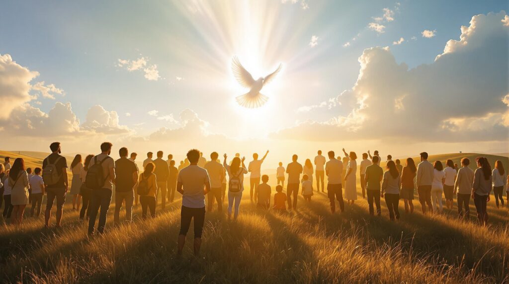 Worshippers on hill at dawn with descending dove of light