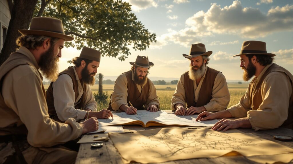 Early Saints in Kirtland council dividing land under morning light